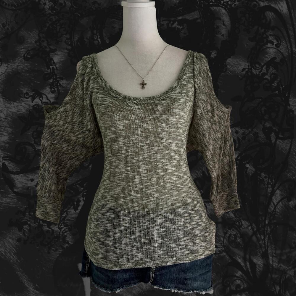 open cut shoulder muted fairy green grey marled knit top